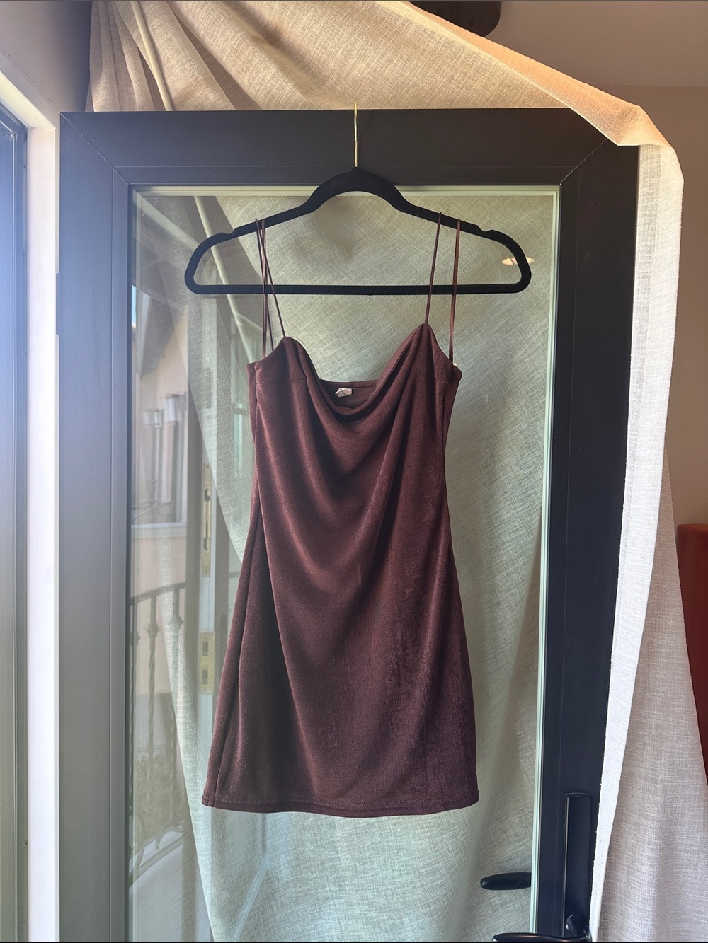 Brown Mini Slip Dress with Cowl Neck